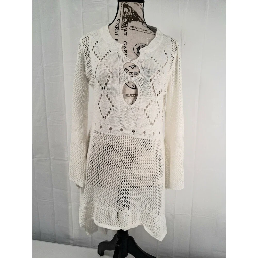 Womens White Crochet Knit Tunic Swimwear CoverUp Tunic Dress OneSize Boho Beach